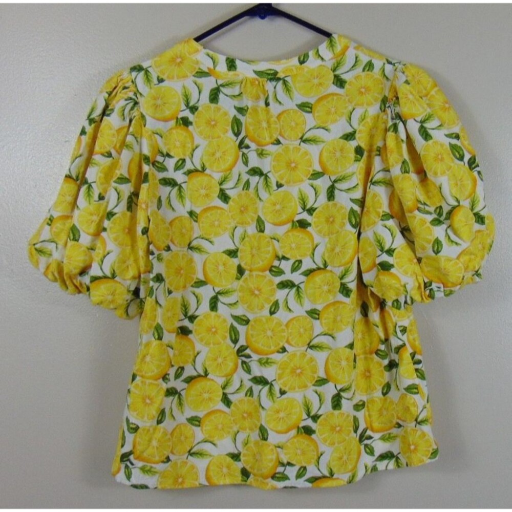 CeCe Top Womens Medium Lemon Print Puff Sleeve Linen Blend V-Neck Yellow Fruit - Picture 3 of 10